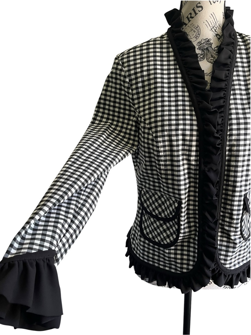 🇨🇦 RIBKOFF Vintage Gingham Ruffle Trim Blazer Jacket Black White Romantic Goth - Picture 2 of 6
